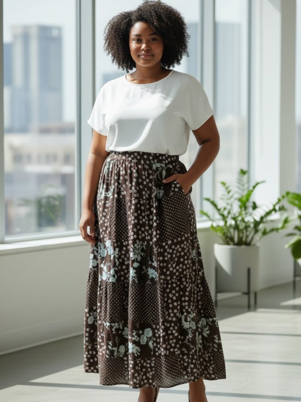 Chic Floral A-Line Skirt in Brown and Blue